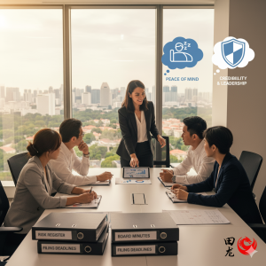 A team of professionals in a modern office, discussing corporate services, with icons representing "Peace of Mind" and "Credibility & Leadership."