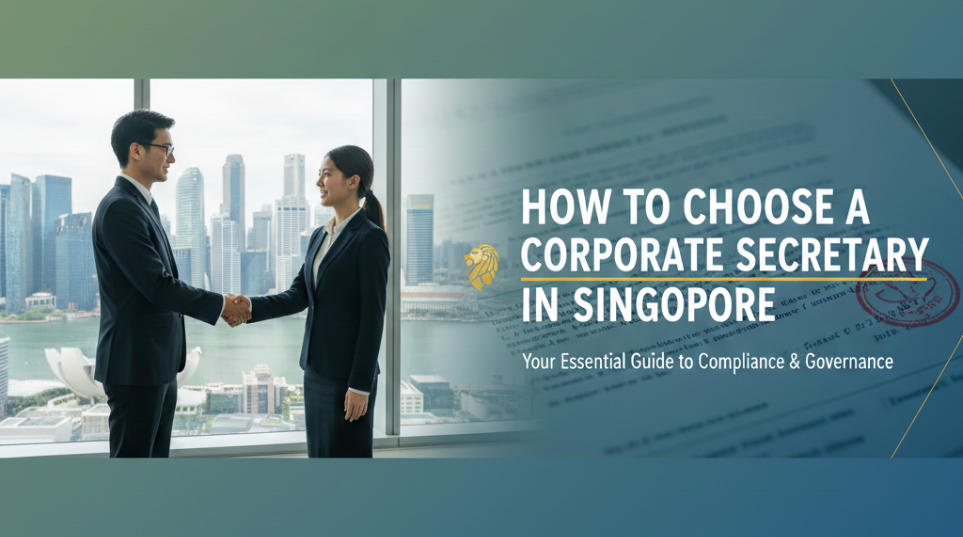A professional banner for "How to Choose a Corporate Secretary in Singapore" featuring two business professionals shaking hands against the Singapore skyline and Marina Bay Sands.