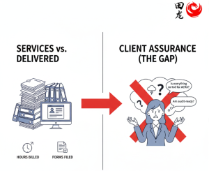 Graphic contrasting "Services vs. Delivered" with "Client Assurance (The Gap)." The left shows stacks of documents, a computer, "Hours Billed," and "Forms Filed." The right depicts a frustrated client with question marks and thought bubbles like "Is everything sorted for ACRA?" and "Am audit-ready?", all crossed out with a large red X. The Tianlong logo is in the top right.