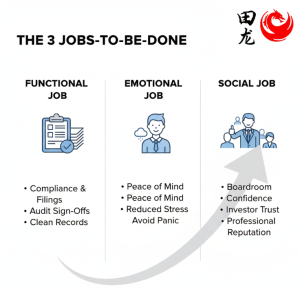 Infographic titled "The 3 Jobs-to-be-Done," categorizing client needs into Functional, Emotional, and Social jobs. Under Functional: compliance, audit sign-offs. Under Emotional: peace of mind, reduced stress. Under Social: boardroom confidence, investor trust. The Tianlong logo is at the top right.