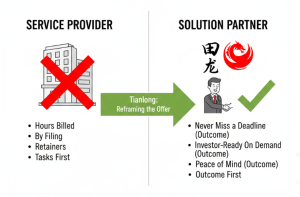 Diagram illustrating a transformation from "Service Provider" to "Solution Partner." A building with an "X" represents the service provider (hours billed, retainers, tasks first). A green arrow labeled "Tianlong: Reframing the Offer" points to a handshake icon and a smiling client with a checkmark, representing the solution partner (never miss a deadline, investor-ready on demand, outcome first), featuring the Tianlong logo.
