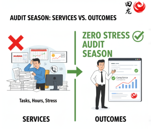 Side-by-side comparison of "Audit Season: Services vs. Outcomes." The "Services" side shows a stressed person overwhelmed by documents, calendars with red marks, and phones, labeled "Tasks, Hours, Stress." The "Outcomes" side shows a calm, smiling person pointing to a tablet screen displaying "Compliance Complete" with an upward trend graph and the Tianlong logo, labeled "Zero Stress Audit Season."